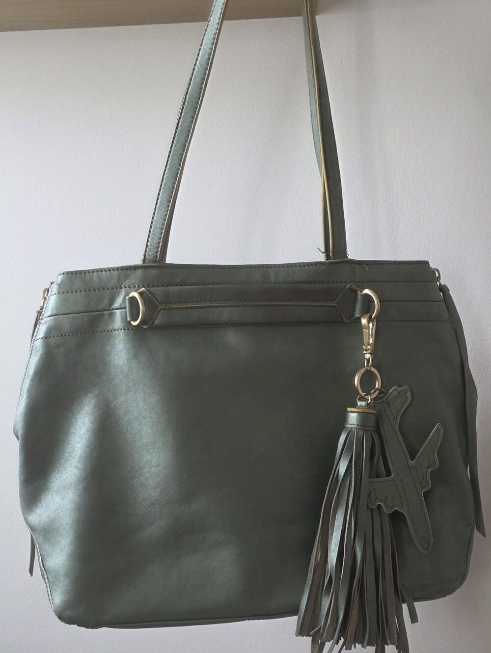 Vintage Botkier Green Leather Bag with Unique Jet And Tassel Charm